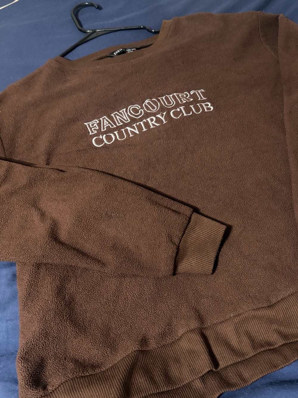 SHEIN Brown Crewneck Sweater with White Embroidered Text